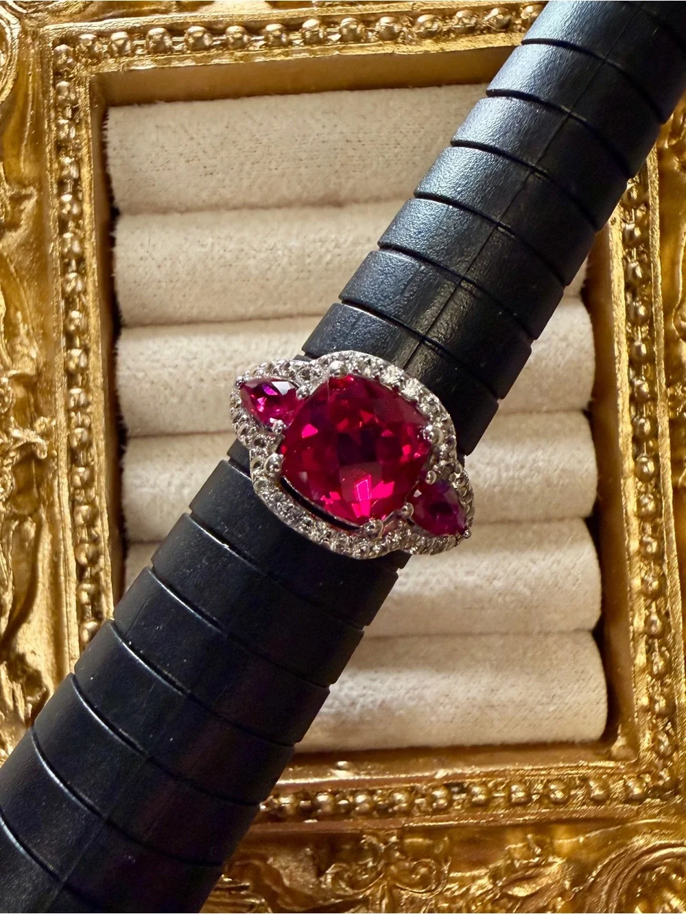 Vintage Sterling Silver Ruby With Pink Sapphires and White Topaz Ring - Size 6